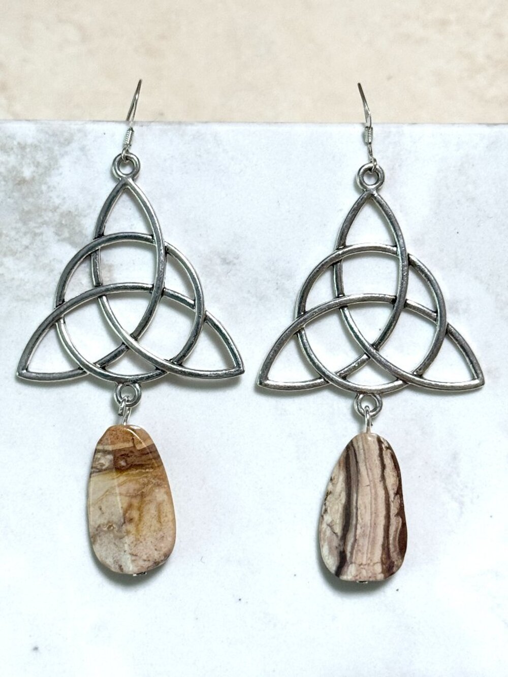 2/$20, Zebra Jasper Celtic Trinity Dangle Earrings, Gemstone & 925 Silver Hooks